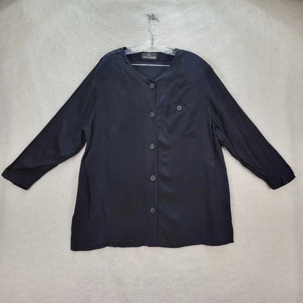 Vintage Carole Little Black V Neck 3/4 Sleeve Button Relaxed Tunic Top Blouse